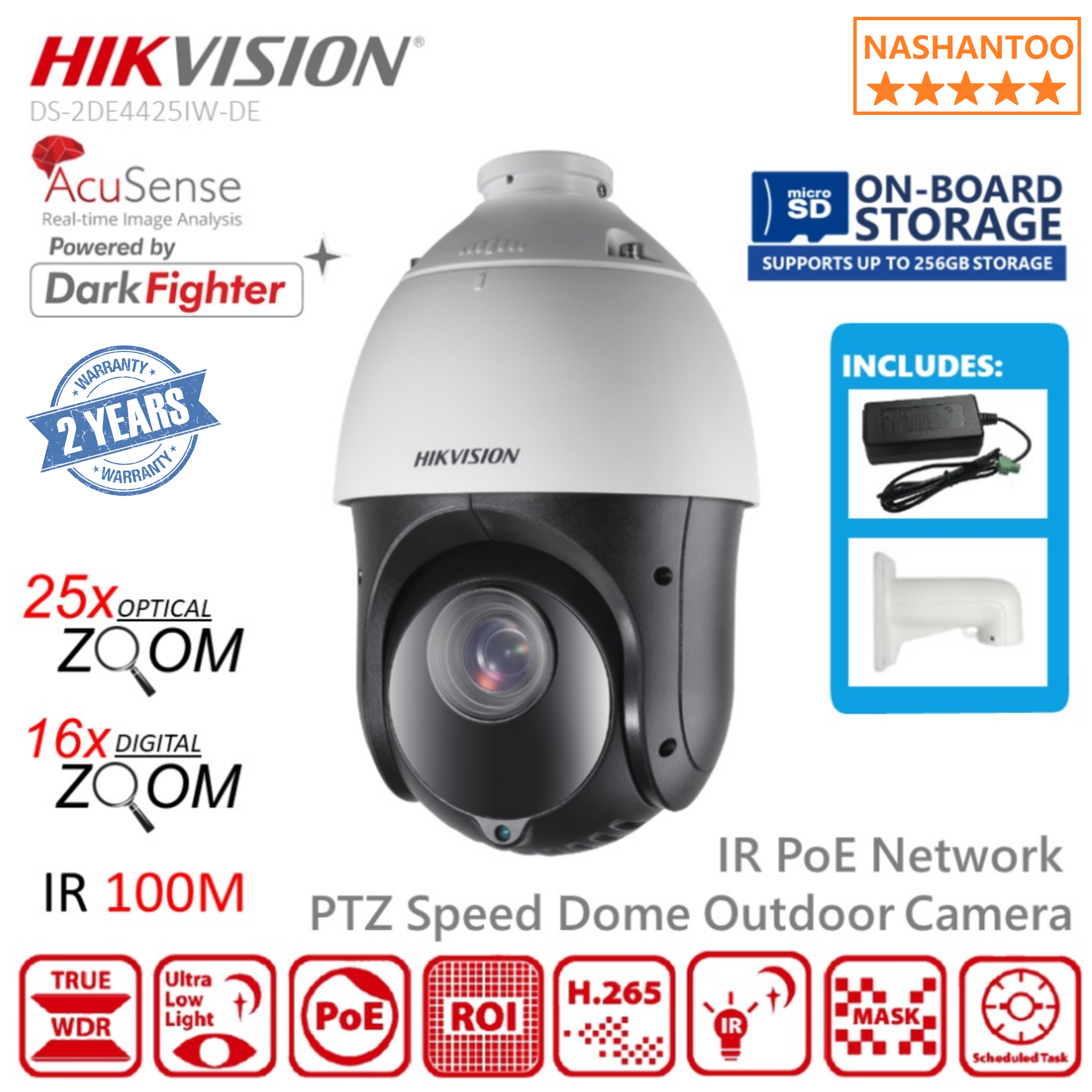 Hikvision AcuSense PTZ 4MP 100m IR 25x Optical Zoom PTZ DS-2DE4425IW-DE(T5) Includes DS-1618ZJ