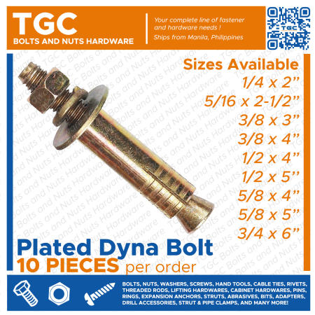 Tgc 10PCS Dyna Bolt 1/4 , 5/16 , 3/8 , 1/2 , 5/8 , 3/4 inches Tetanized Tgc Expansion Anchor Bolt with Sleeve