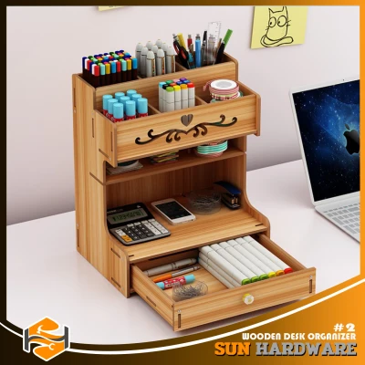SUN HARDWARE DIY Wooden Multi-functional Organizer Wooden Desk Organizer, Multi-Functional DIY Pen Holder Box, Desktop Stationary, Easy Assembly,Home Office Supply Storage Rack with Drawer (1)