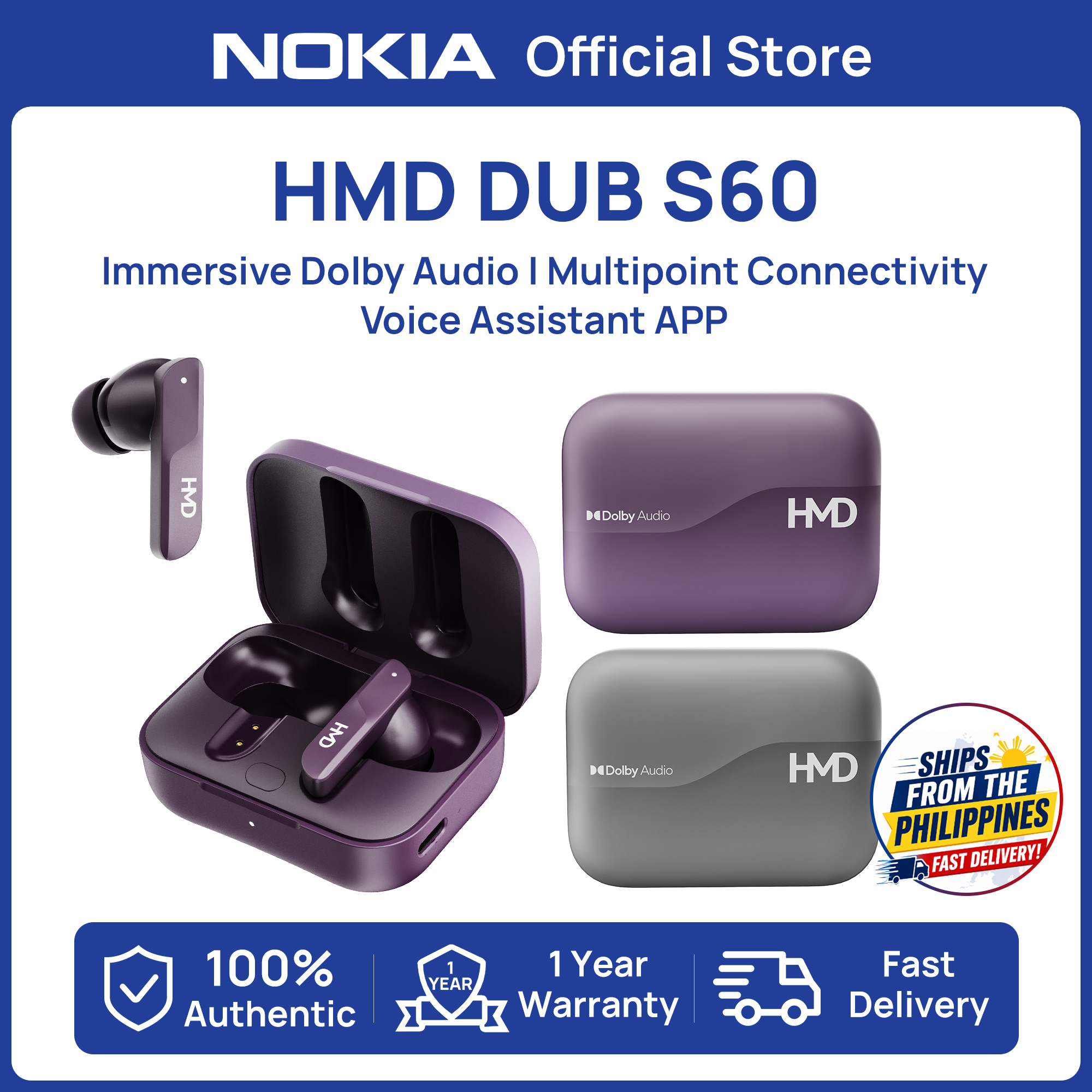 【New】HMD DUB S60 ENC TWS Earbuds Dolby Audio AI ENC Audio App Multipoint Connectivity Siri&Google Voice Assistant Low Latency Official makers of Nokia