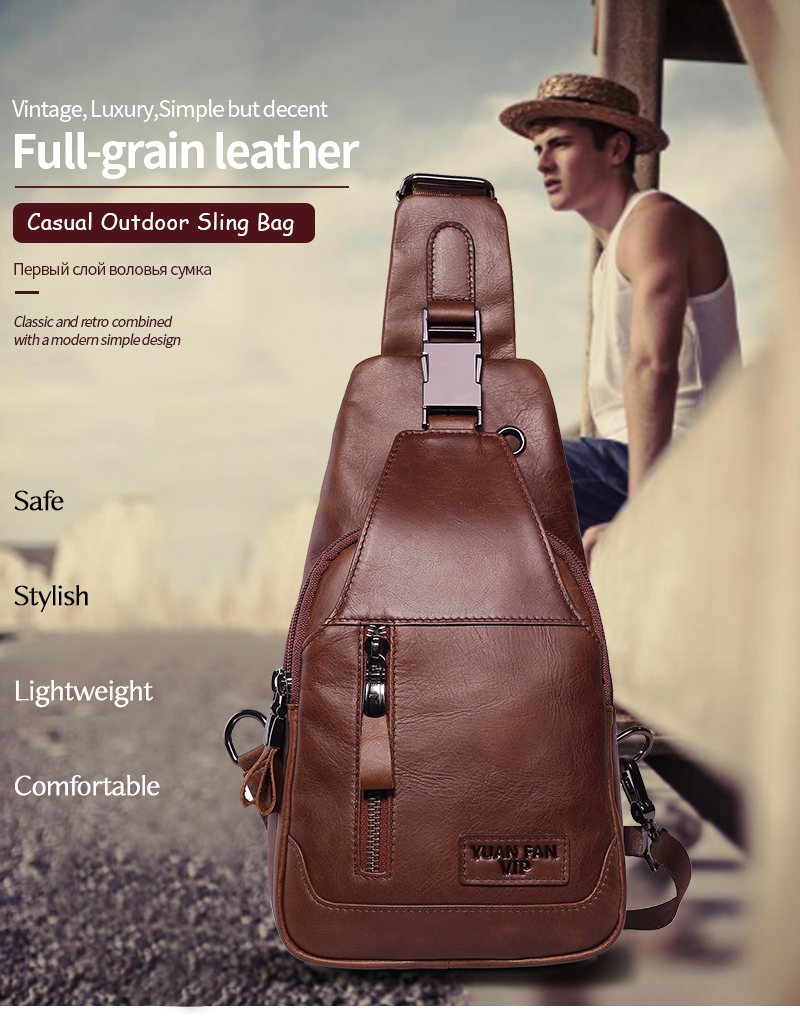 YUAN FAN VIP Genuine Leather Sling Bag Small,Chest Shoulder Bags for Men  Outdoors Anti Theft Black