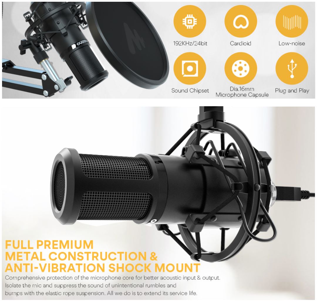 USB Microphone, MAONO 192KHZ/24Bit Plug & Play PC Computer Podcast  Condenser Cardioid Metal Mic Kit with Professional Sound Chipset for  Recording