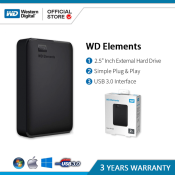 WD Elements Portable 1TB/2TB External Hard Drive for Mac/Windows