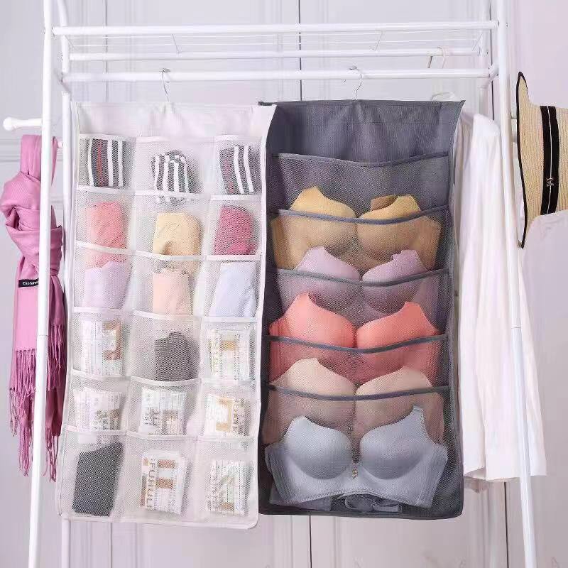 Double Sided Space Saving Hanging 30 Pocket Socks Underwear Bra Innerwear  Organizer Closet Wardrobe Storage Hanging Organizer - Grey