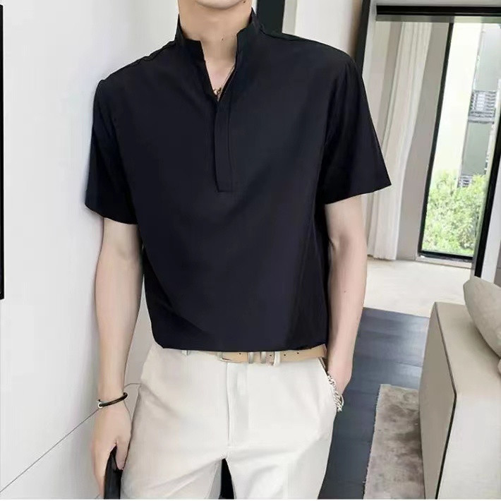 chinese collar polo black