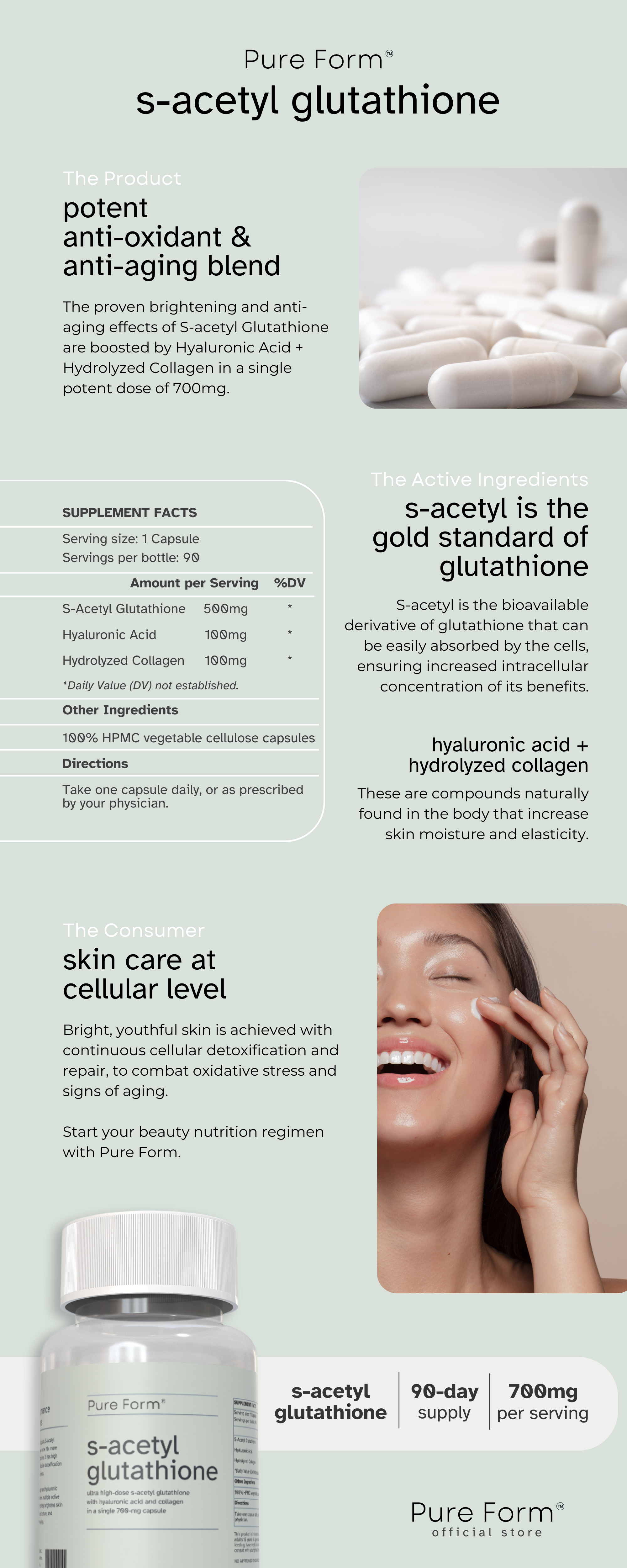 s-acetyl glutathione pure form PURE FORM S-Acetyl Glutathione with Hyaluronic Acid and Collagen Capsule main image 1