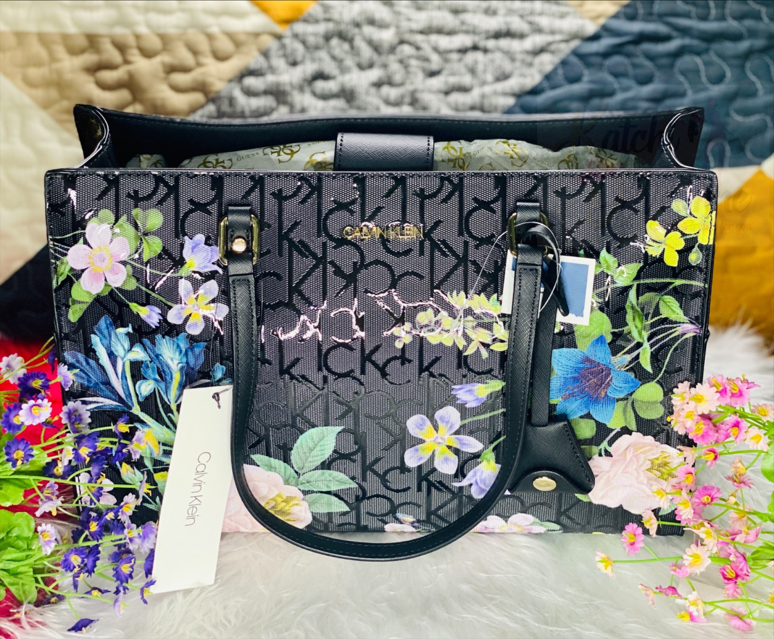 Calvin klein black discount purse with pink flowers