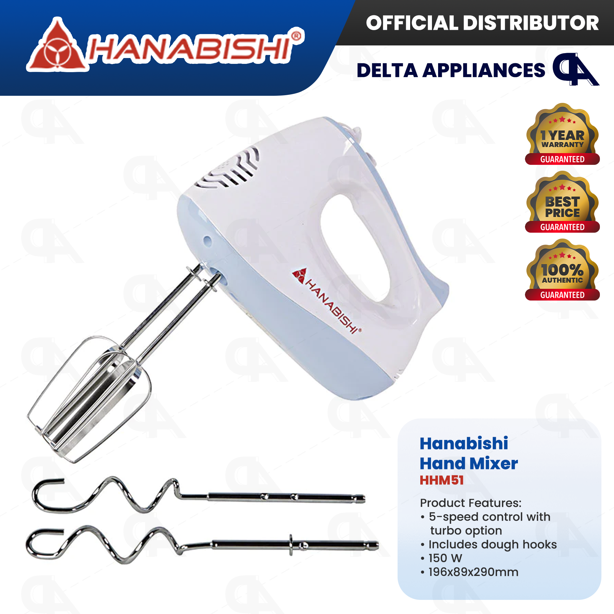 Hanabishi 5-Speed Hand Mixer with Dual Attachments, 1 Year Warranty