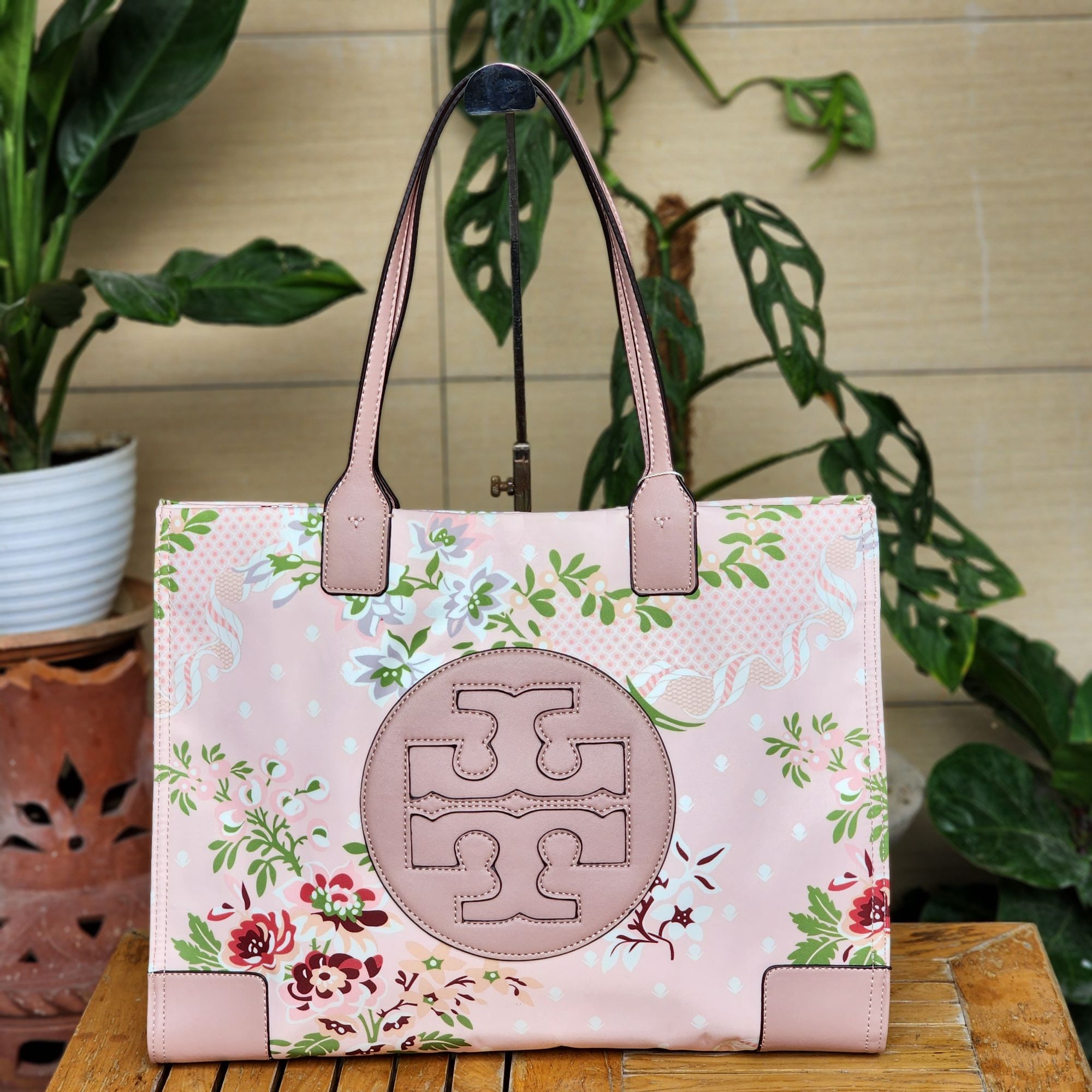 Tory Burch Ella Nylon Quilted Puffer Pink Sugar Berry Floral Tote