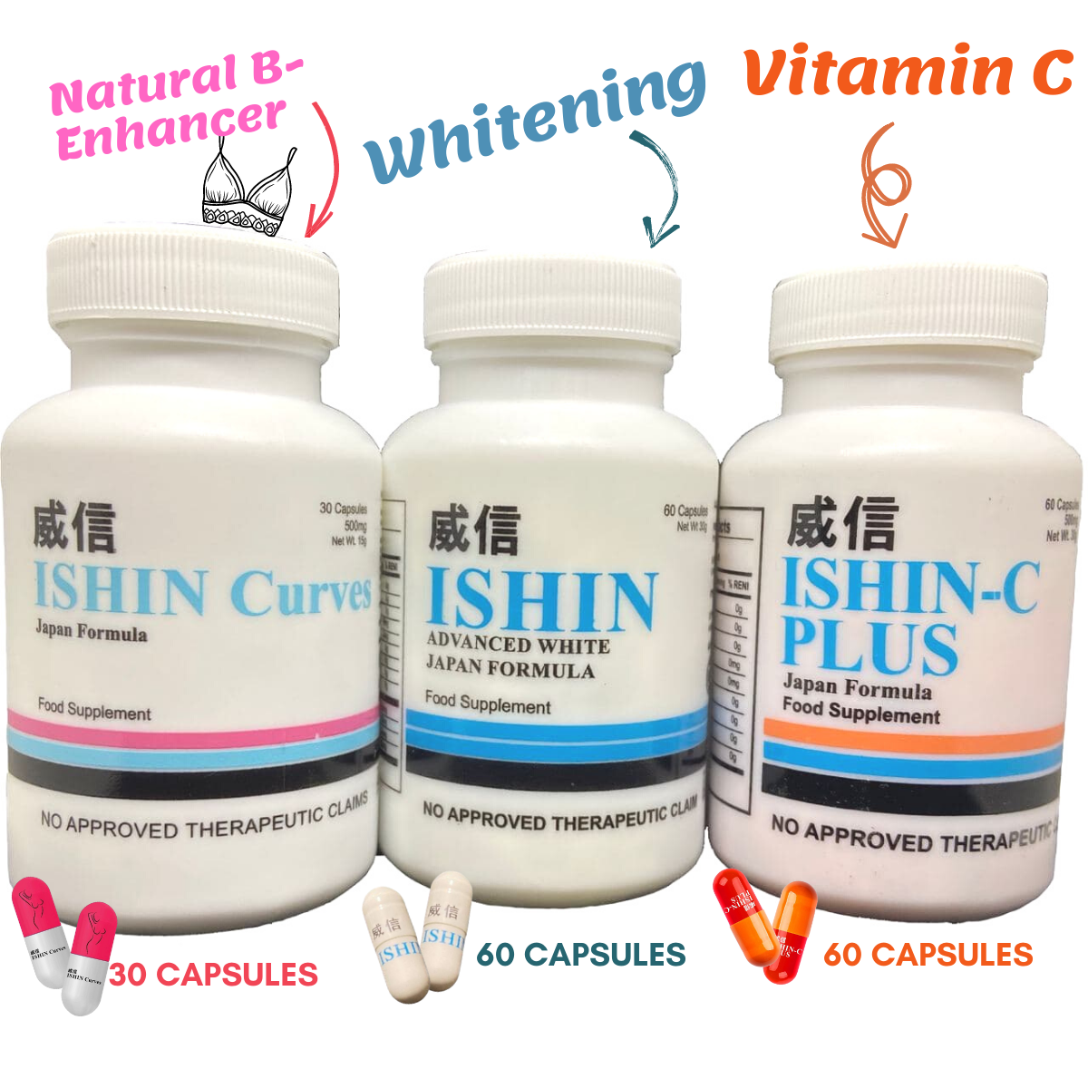 ishin glutathione website | 10x ADVANCED WHITENING SUPPLEMENT ♥ VITAMIN C ISHIN-C PLUS 60 CAPSULES ♥ ISHIN CURVES NATURAL B-ENHANCER 30 CAPSULES | JAPAN FORMULA | BEST GLUTATHIONE WITH COLLAGEN Health Focus_Vaccine Support Tired of searching for Pack Size:2 Bottles - £24.64 / a bottle