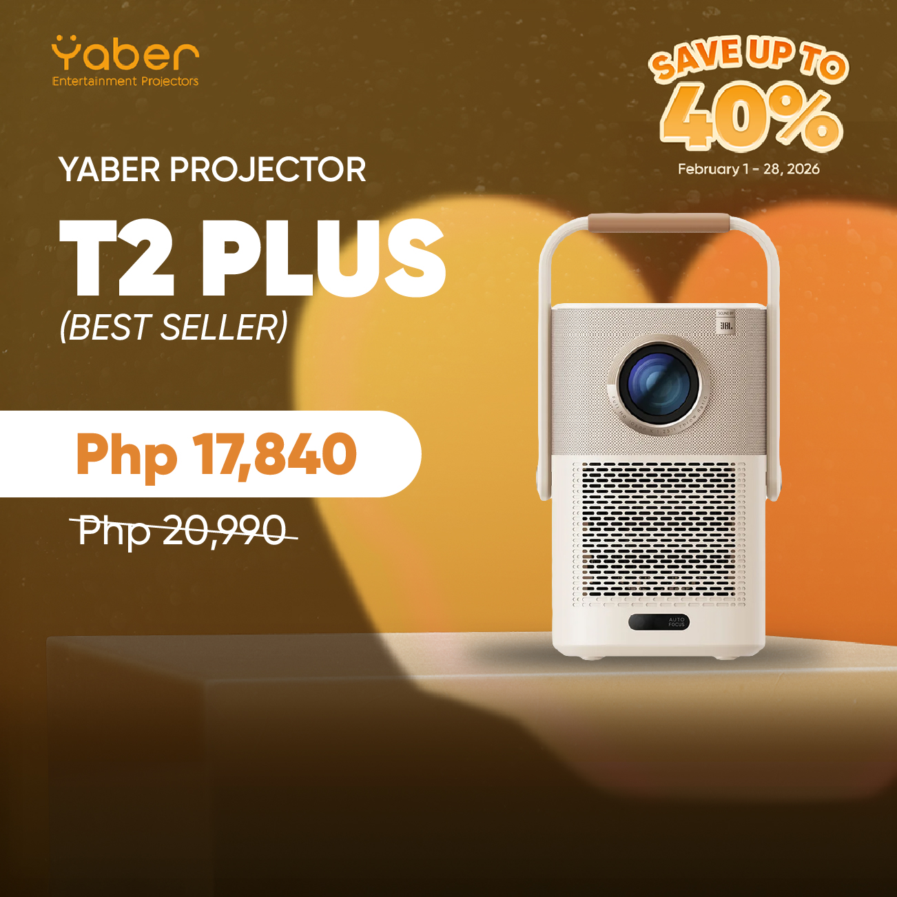 Yaber Entertainment Projector T2 Plus Auto Focus Portable 1080P with JBL Sound, Dolby Audio, Built-in TV Dongle, and NFC Screen Cast | Yaber PH Presyo 17,840 Piso*Libreng Shipping