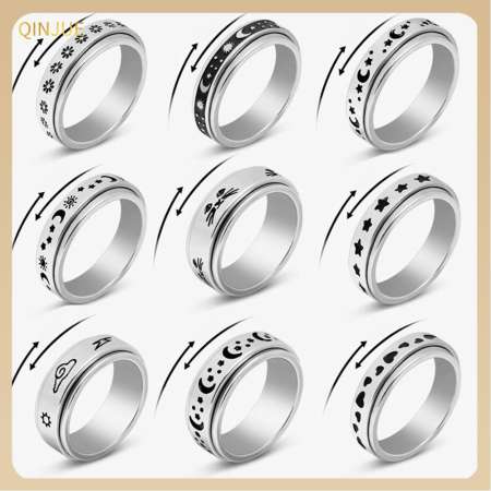 Qinjue Vintage Fashion Biker Anti Stress Stainless Steel Freely Spinning Anxiety Rings Spinner Fidgets Rings Rotatable Punk