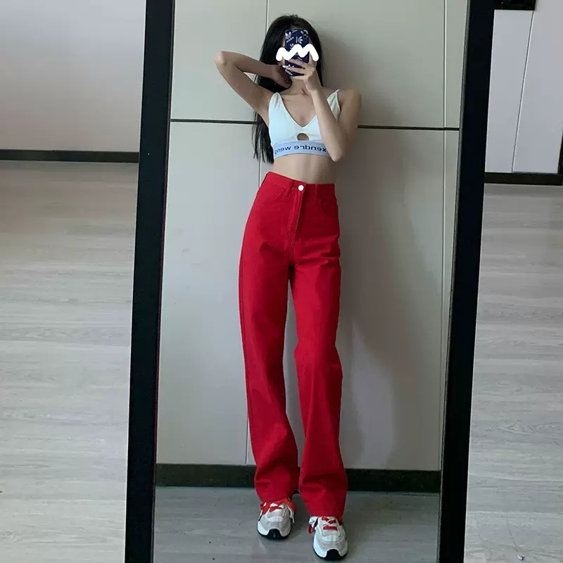 Red Jeans Korean Women, Pant Red Large Jean, Red Straight Jeans