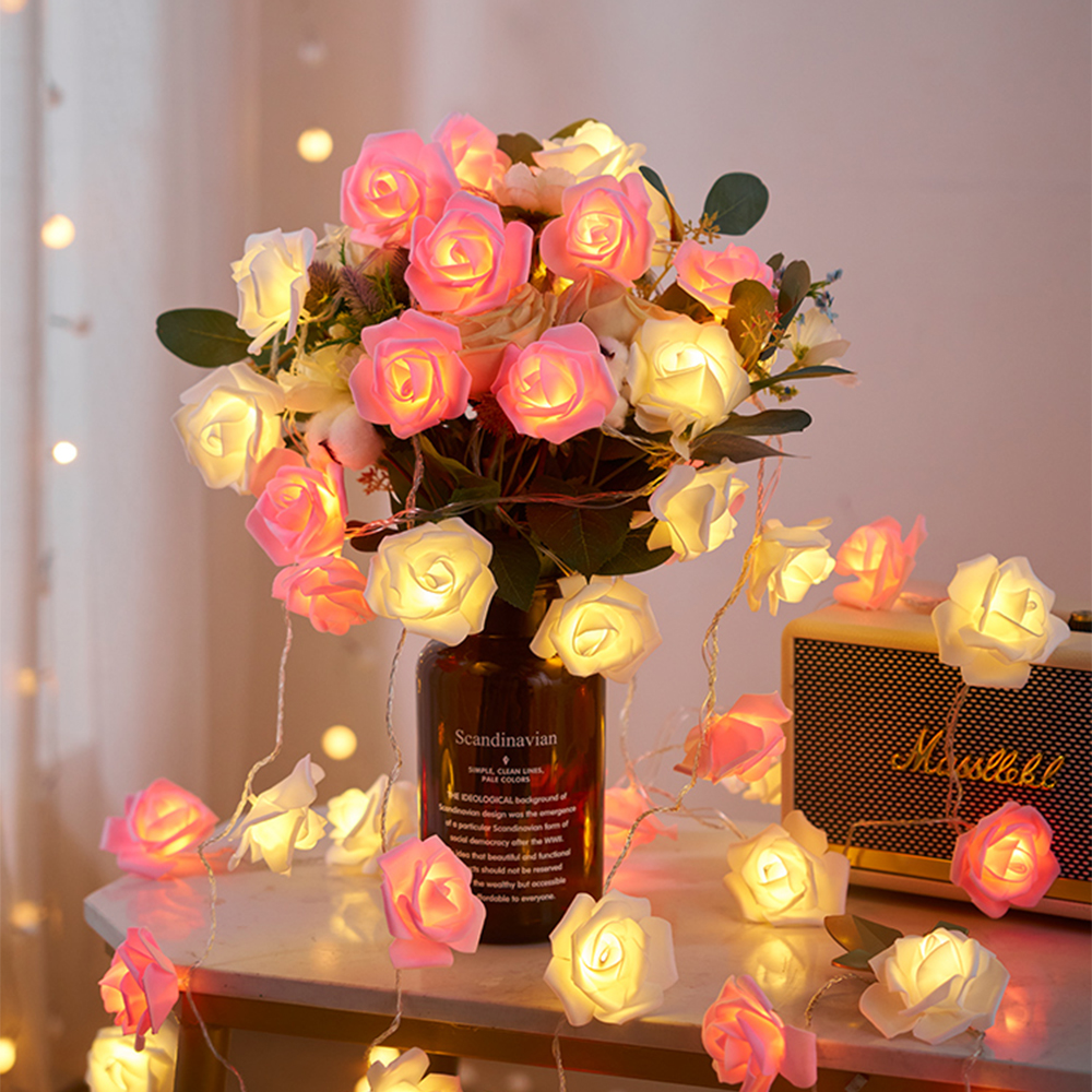 Led Rose Flower String Lights,1.5M 10LED / 3M 20LED / 6M 40LED Battery Operated String Romantic Flower Rose Fairy Light Lamp Outdoor for Valentine's Day,Wedding,Room,Garden,Christmass,Patio,Festival Party Decor