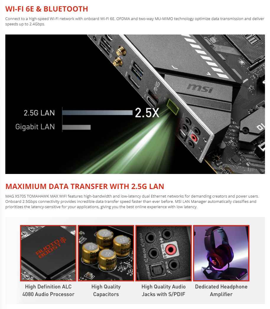 MSI MAG X570S TOMAHAWK MAX WIFI 6e 2.5G LAN Realtek® ALC4080 AM4 AMD X570 SATA 6Gb/s ATX AMD Motherboard **New and improved without Heatsink Fan**