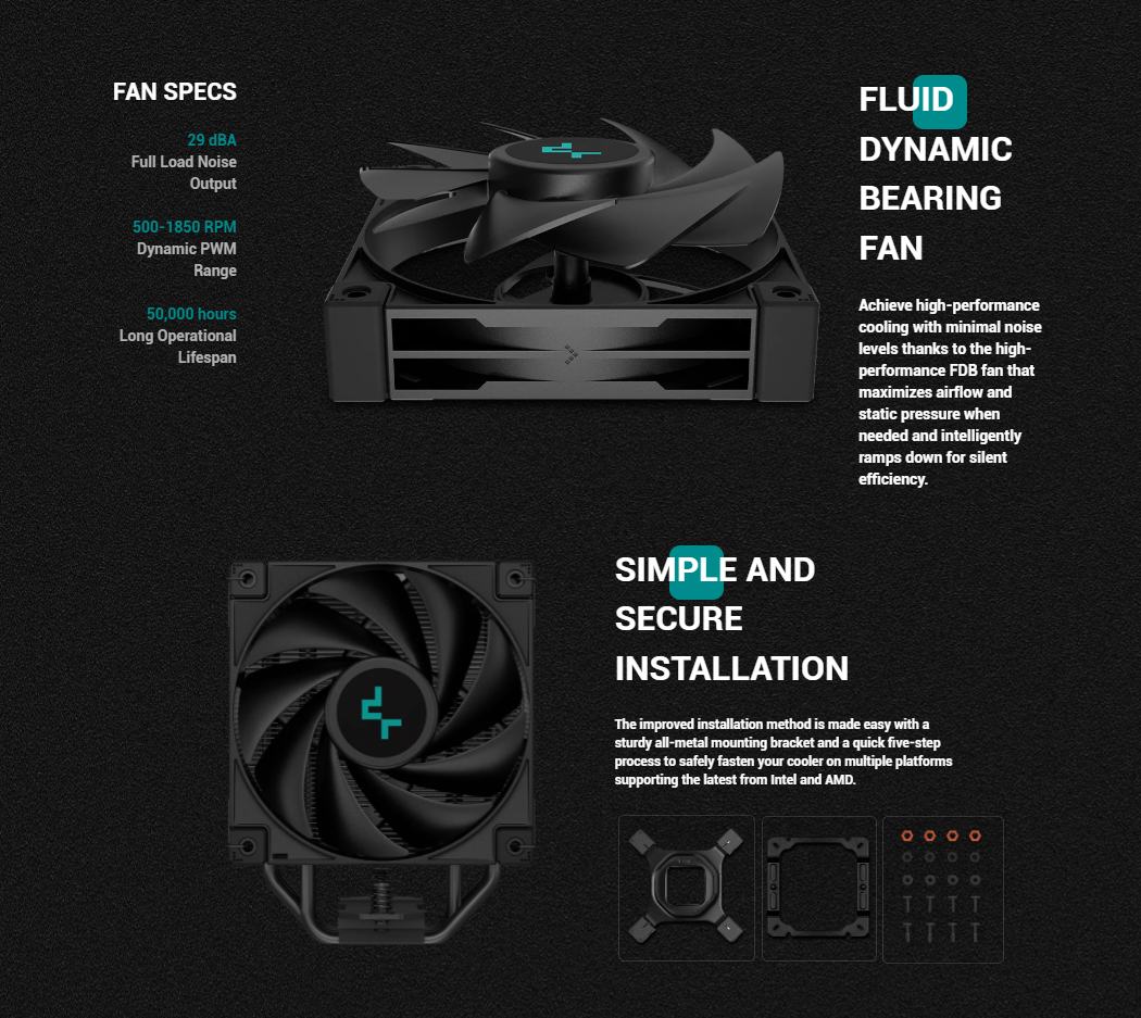 DeepCool AK400 ZERO DARK CPU Air Cooler 220w TDP ALL-Black Heatsink 4 Copper Heat Pipes CPU Cooler 120mm Fan 1650RPM PWM 59.46CFM for Intel LGA 1700/1200/1151/1150/1155 AMD AM5/AM4 - R-AK400-BKNNMN-G-2