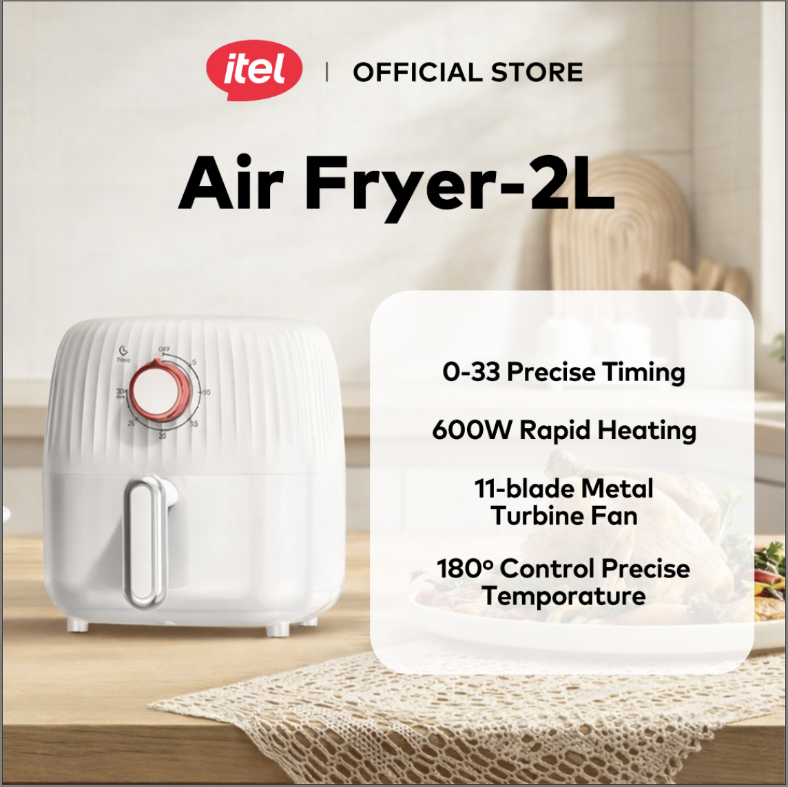 itel Air Fryer Non-Stick 2L Multi Functional Oil-Free 600W 3D Cyclone Air Frying Cavity IAF-002