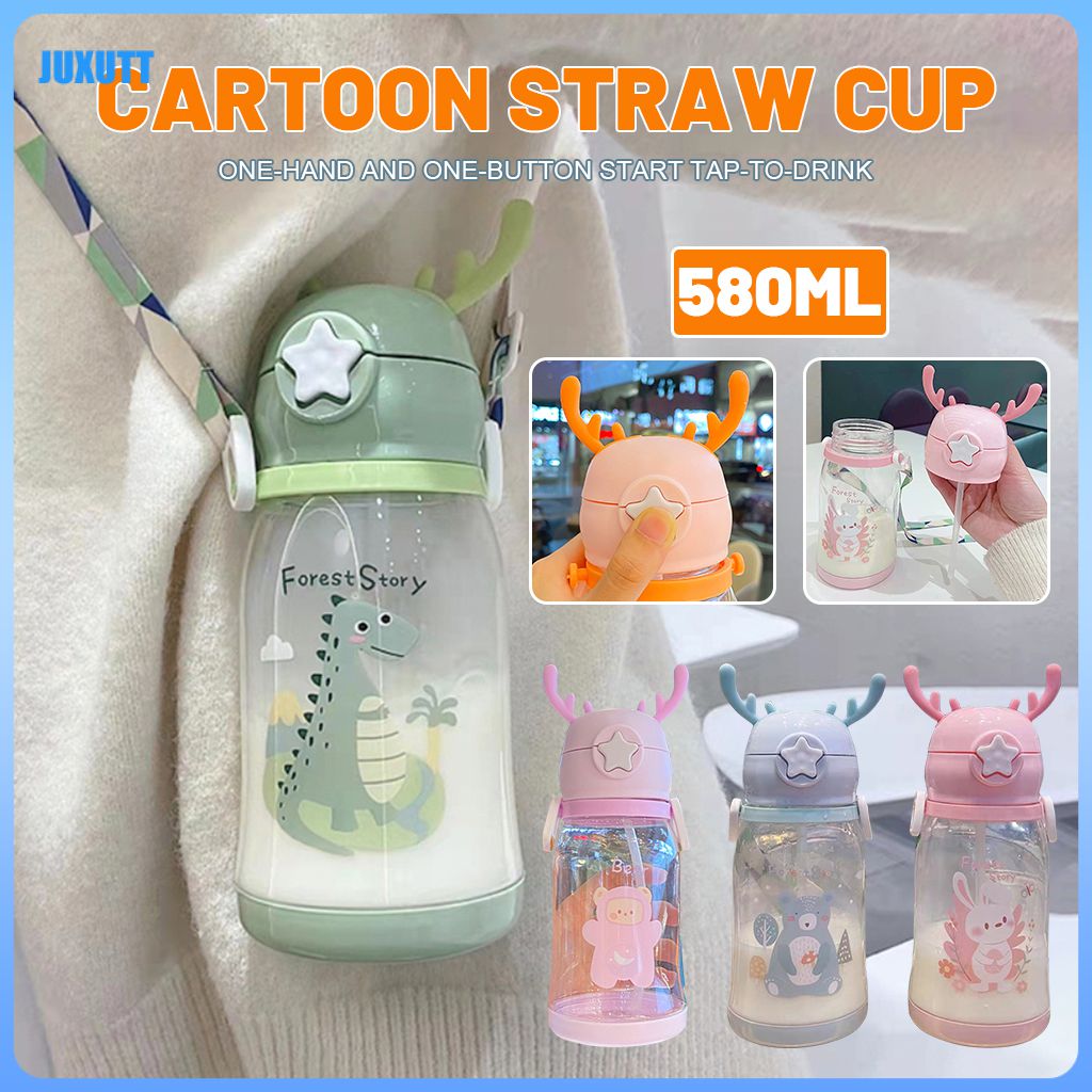 JJYY 1PC Kids Cartoon Water Bottle with Straw and Handle Baby