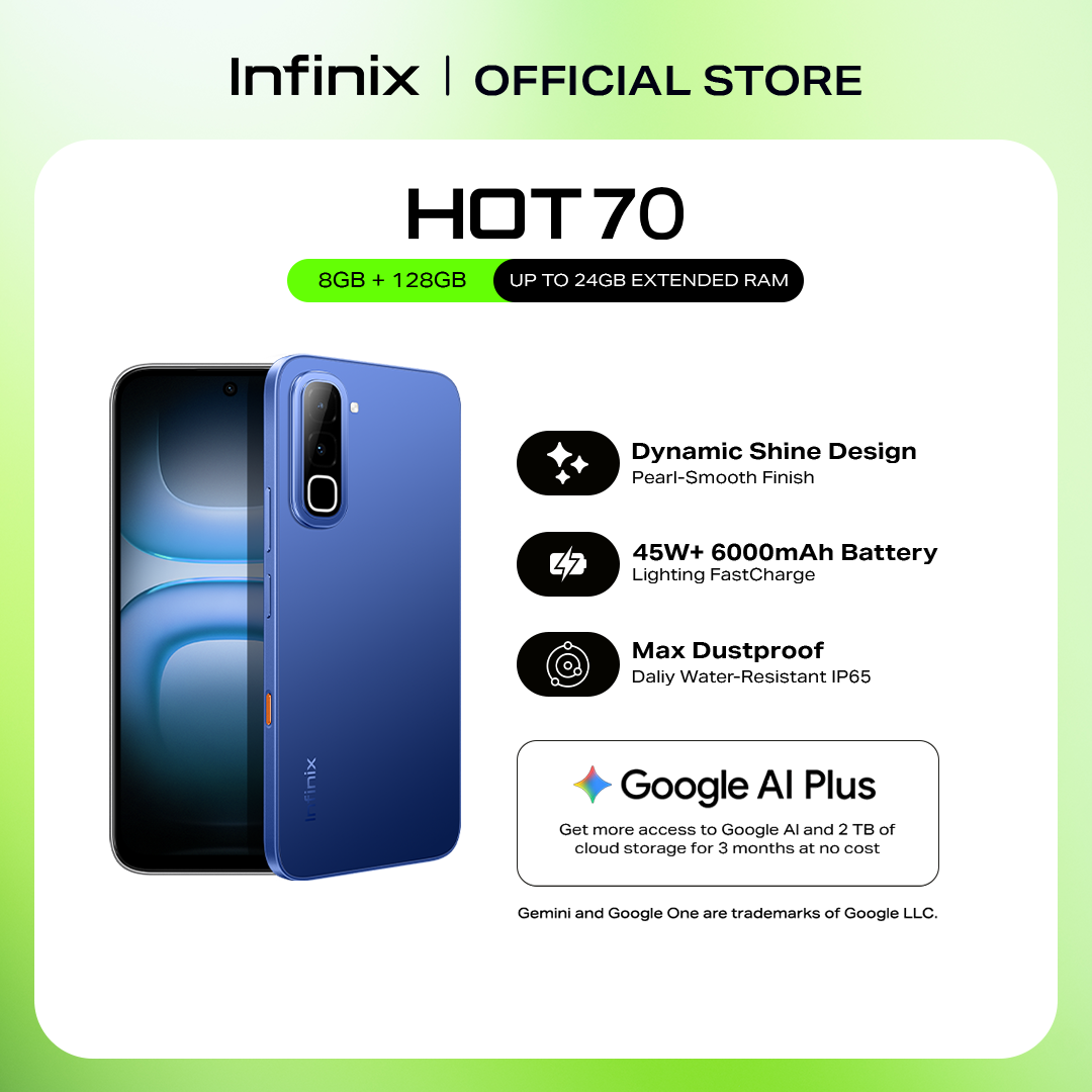 「NEW Arrival」- Infinix HOT 70, (up to 24GB [8GB + 128GB] Dynamic Shine Design with Baby-Smooth Finish / 45W+ 6000 mAh Battery + Lighting Fast Charge / Dust, Water & Drop Proof IP65 SG5G Certified (1 year local warranty) Smart Phone