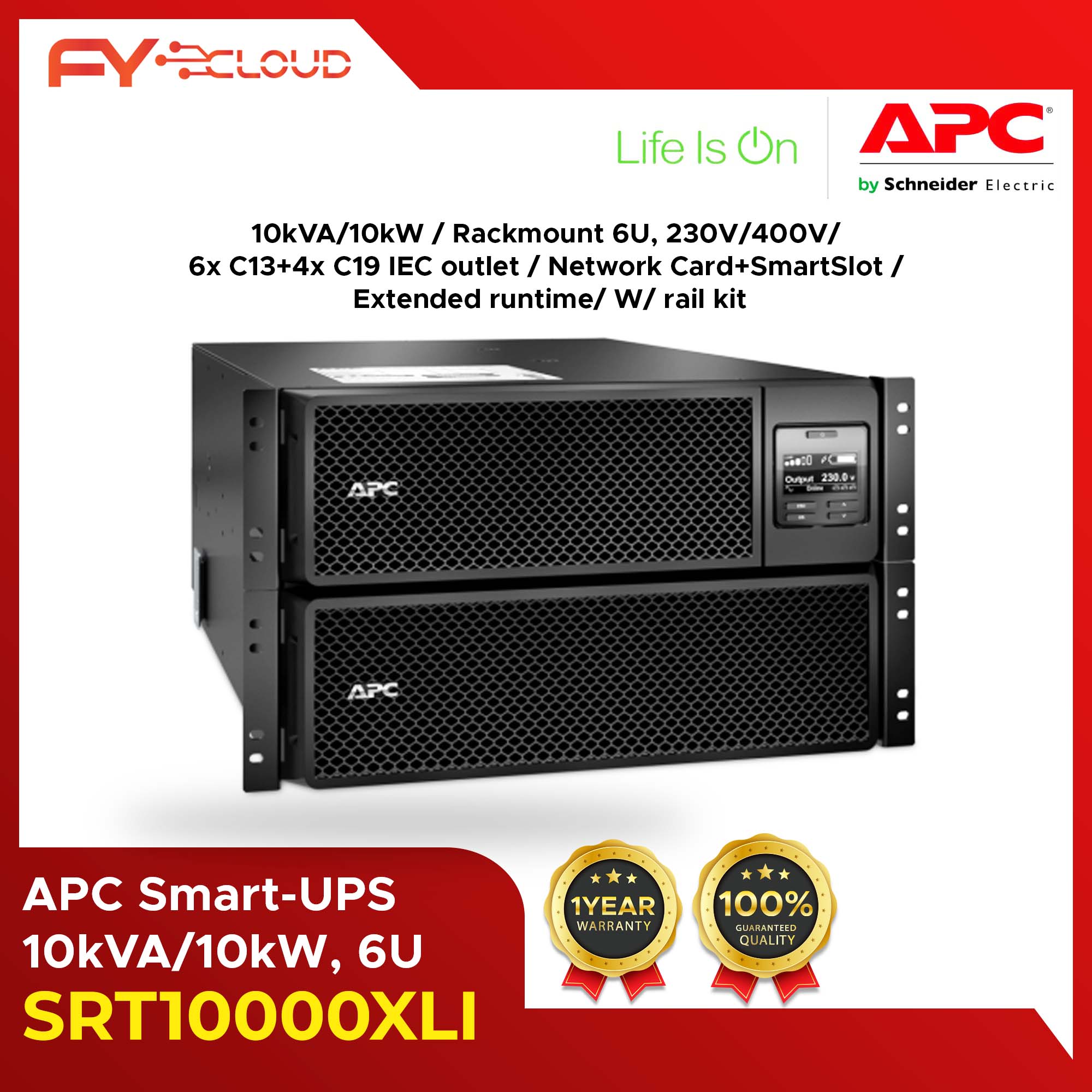 APC Smart-UPS On-Line, 10kVA/10kW, Rackmount 6U, 230V/400V, 6x C13+4x C19  IEC outlets, Network Card+SmartSlot, Extended runtime, W/ rail kit