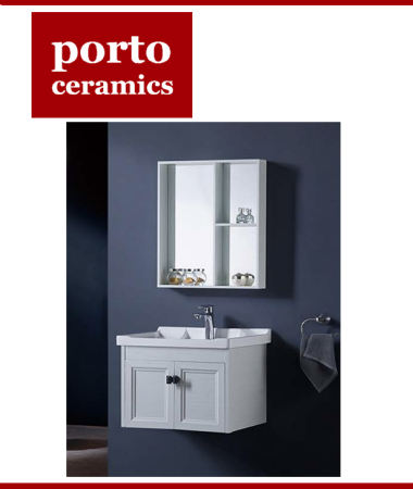 Porto White Aluminum Wall Hung Bathroom Vanity with Mirror & Sink