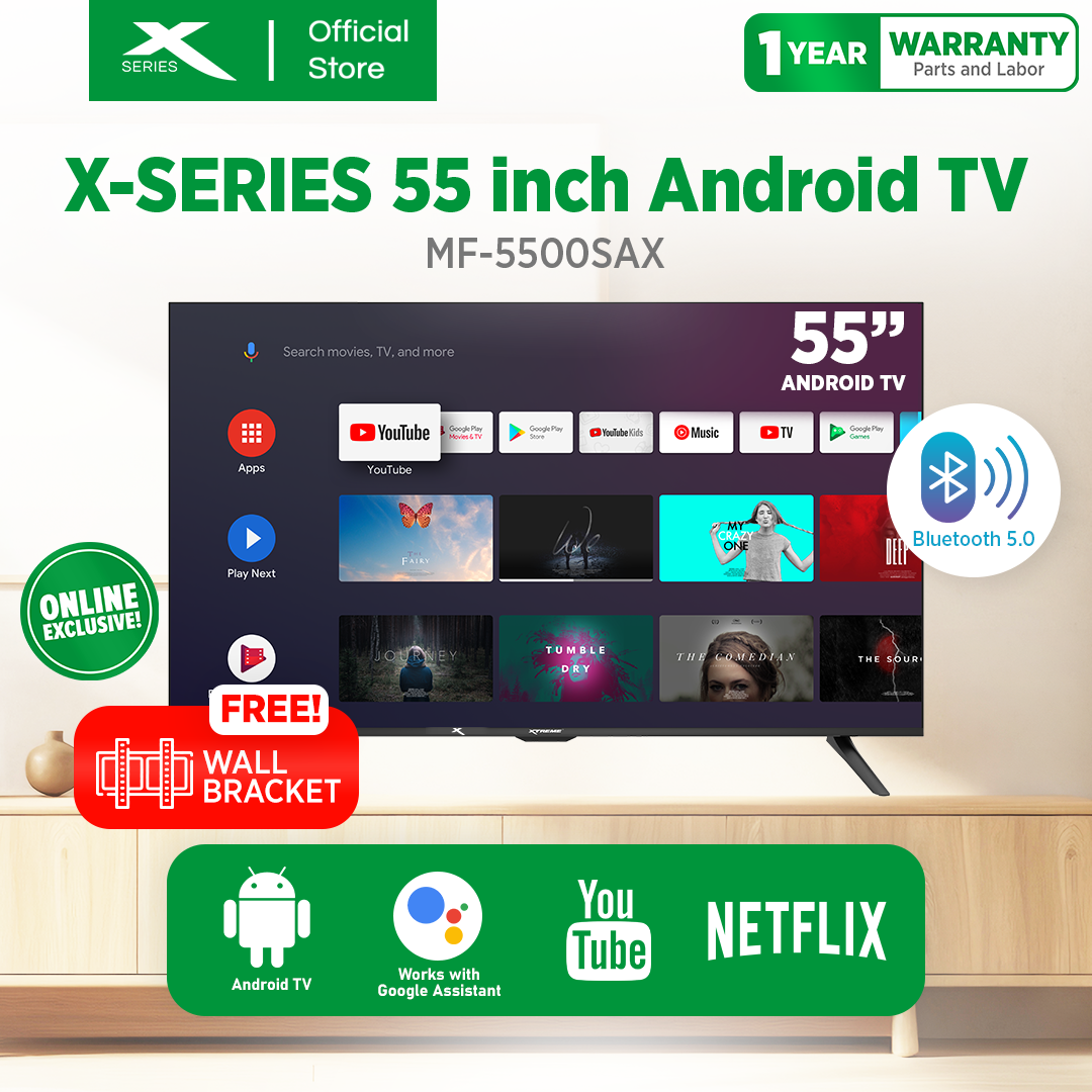 XTREME/X-SERIES 55 inch Android 11.0 LED TV 4K Ultra HD Frameless Wi-Fi Netflix Youtube Google Play Bluetooth Chromecast Smart Remote with Voice Control and Free Wall Bracket (Black) [MF-5500SAX] Presyo 24,730 Piso*Libreng Shipping