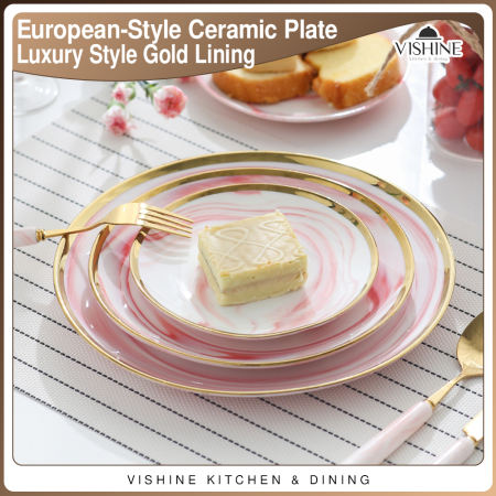 Vishine Light Luxury Style Gold Lining Edge Marble Pink 10inch Steak Plate Dinner Plate 8inch Salad Plate European-Style Ceramic Tableware