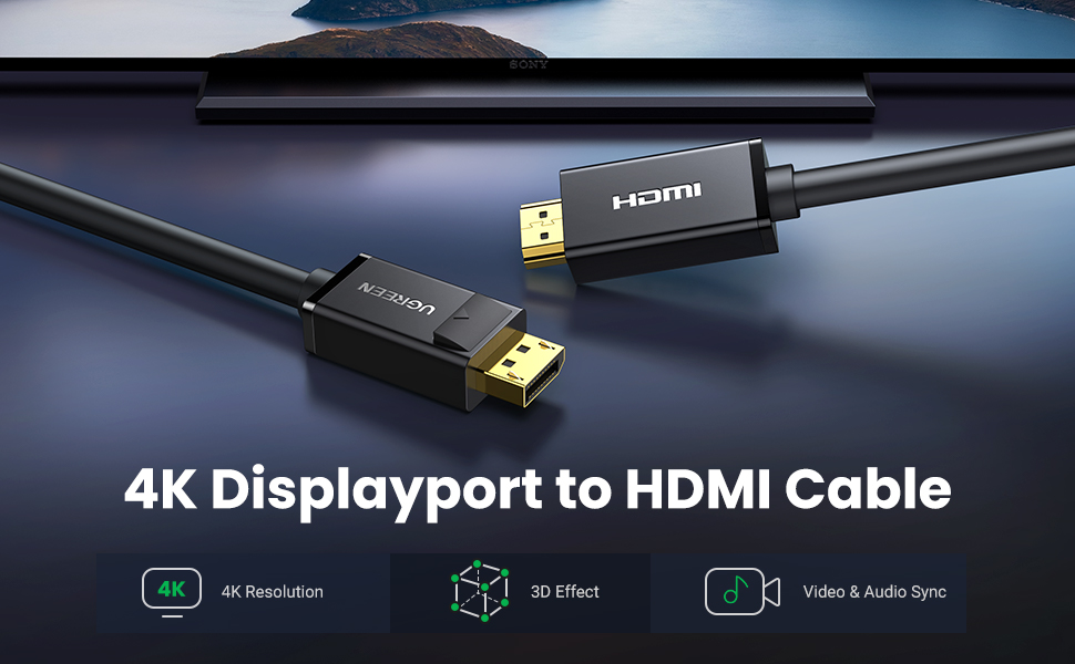 UGREEN 4K DisplayPort 1.2 to HDMI 1.4 1.5M Cable Uni-Directional UHD DP to HDMI Connector Video Display Cord for HDTV Monitor Projector Computer 1.5 Meters - 10239