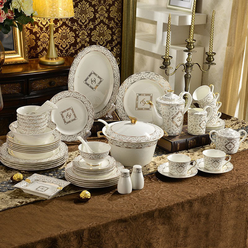 LV Louis Vuitton Inspired Elegant Luxury Gold Mosaic Plate Tea Set Cup  Saucers Dinnerware Set Bone China Gift Set