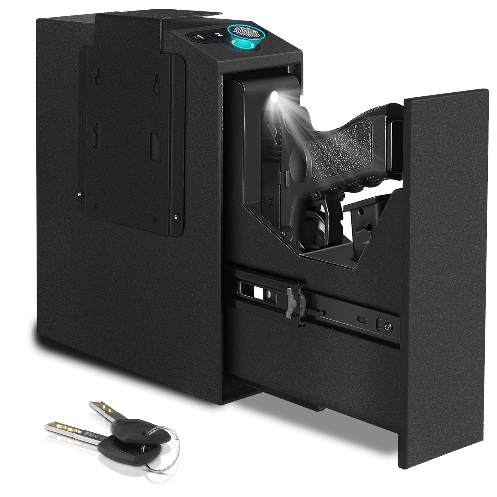 Biometric Slider Gun Safe for Handgun, Fingerprint Gun Safe Supports Quickly Access with 3 Ways, Fingerprint, PIN Code and Key (Black)