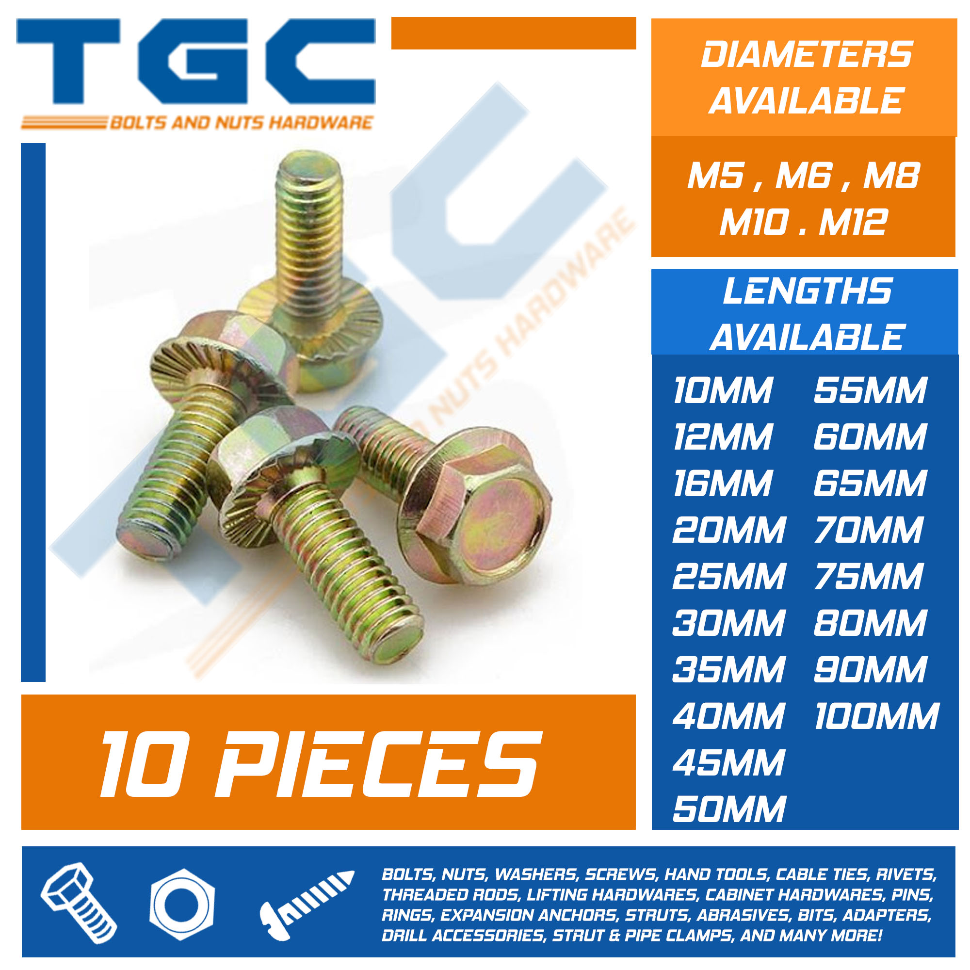 TGC 10PCS Flange Bolt M x 10~100 mm NC Tetanized Hex Washer Head Screw  Plated Flanged Bolt Lazada PH
