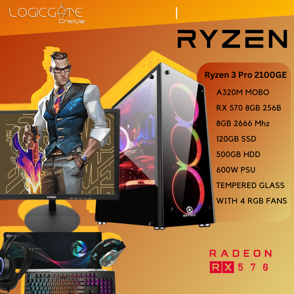 Gaming PC Set Ryzen Pro 2100GE RX 570 8GB 8GB 120GB SSD