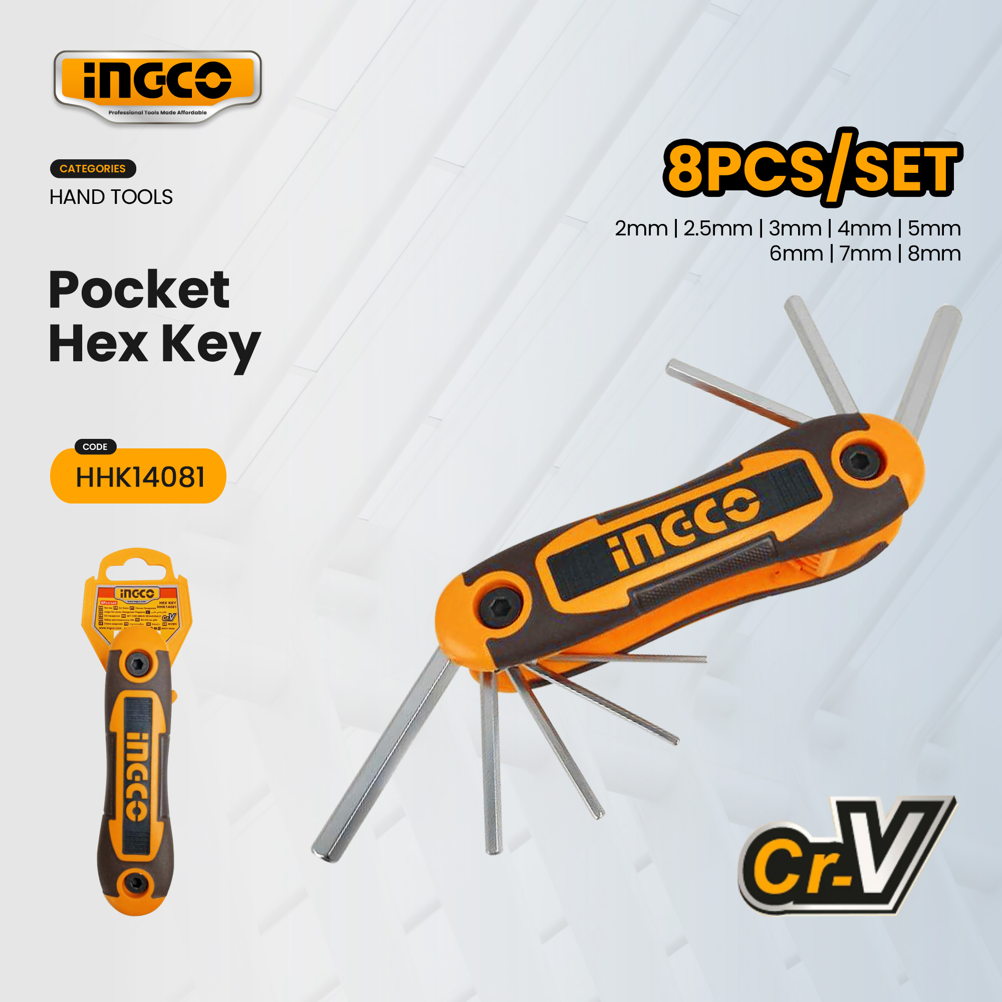 Ingco 8-in-1 Folding Hex Key Allen Wrench Set Cr-V Steel Pocket