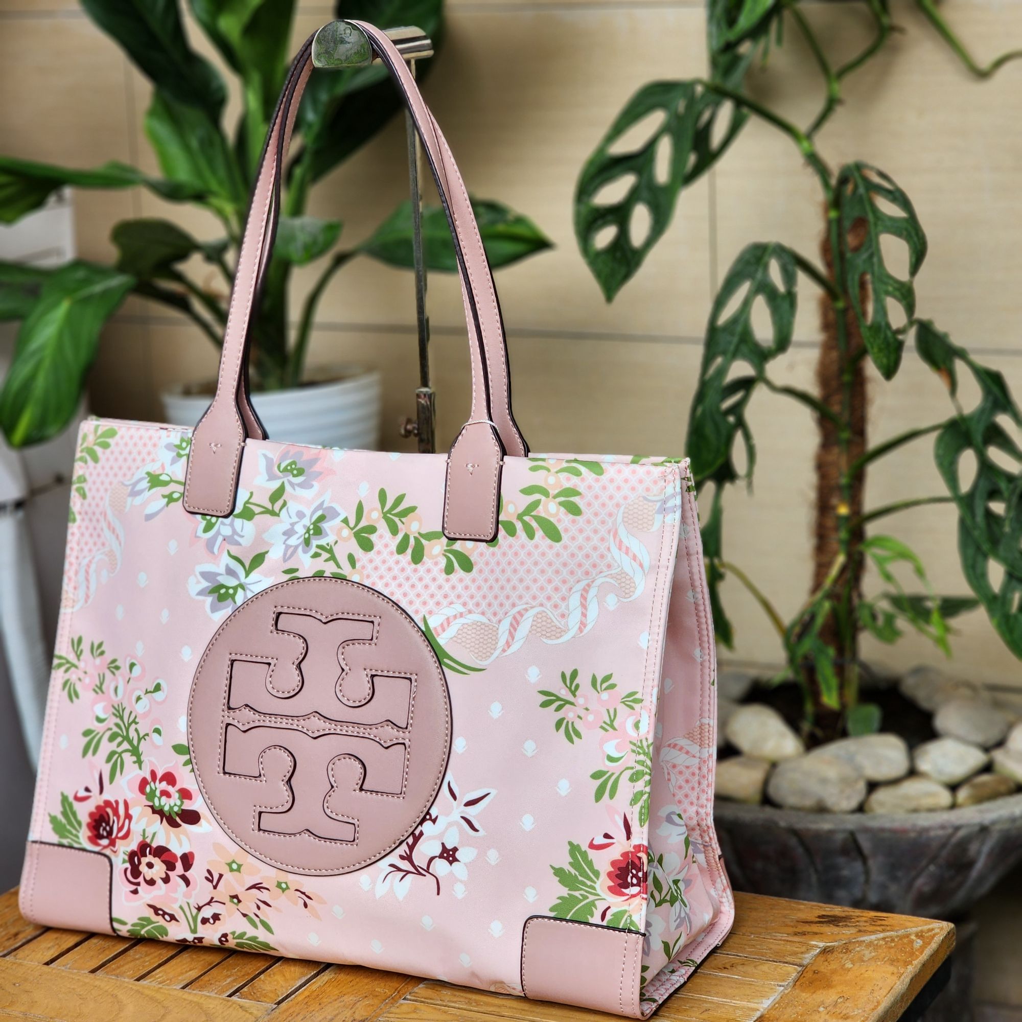 Tory Burch Ella Nylon Quilted Puffer Pink Sugar Berry Floral Tote Bag Purse  NWT