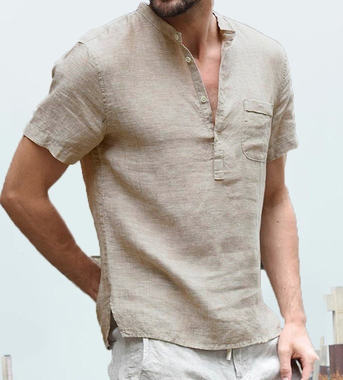 Casual Linen Solid Color Shirt Button V Neck Beach Shirt Men