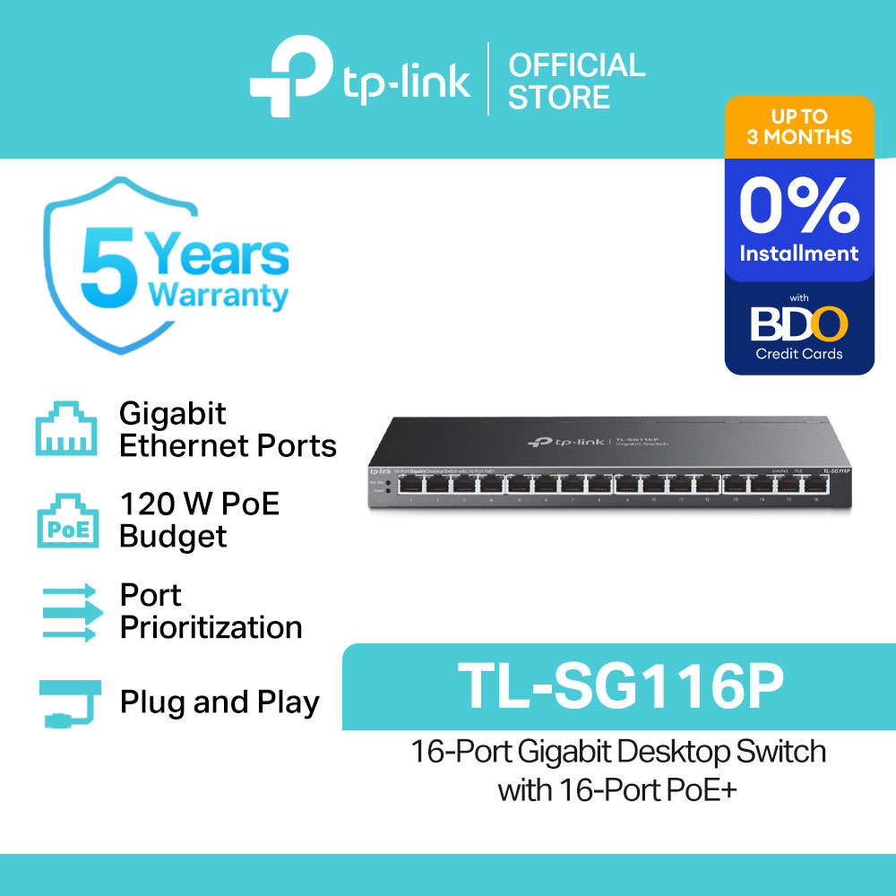 TP-Link Official Store / TL-SG116P / 10/100/1000 Mbps 16-Port Gigabit with 16-Port PoE+ Desktop Network Ethernet Switch Hub for Internet