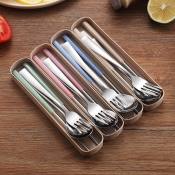 "Portable Stainless Steel Cutlery Set with Box, 3-in-1 Design"