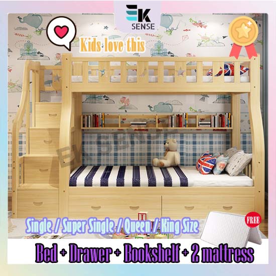 Eksense Kids Solid Wood Bunk Bed with Drawers and Stairs