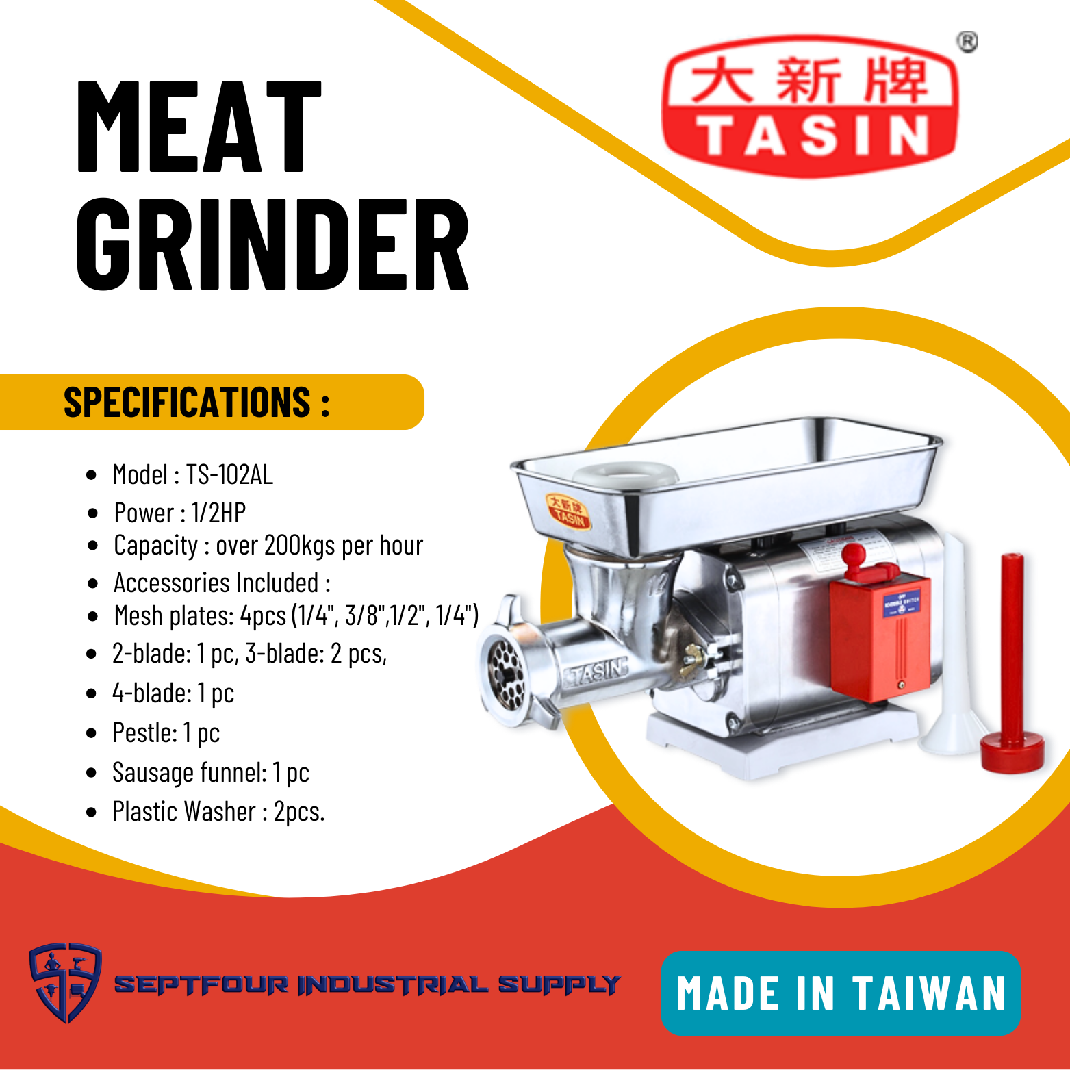 Tasin 1/2Hp Meat Grinder /Meat Mincer TS102AL (Original) Made in Taiwan  (sausage maker/vegetable mincer)