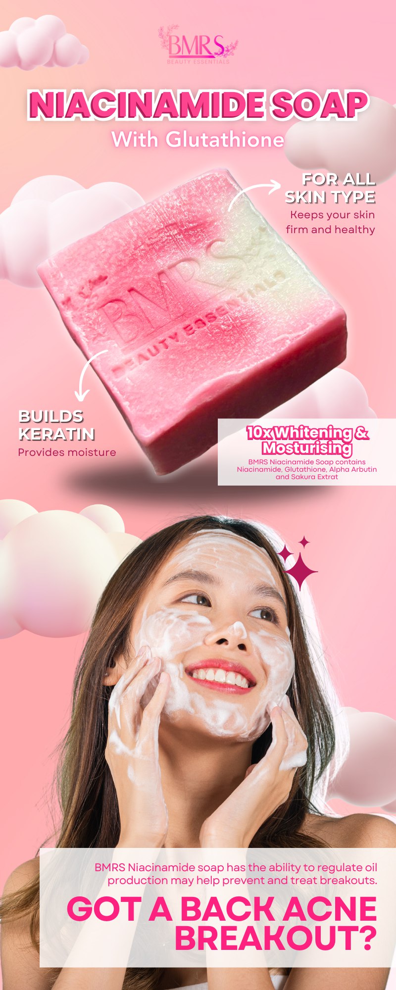 bmrs niacinamide with glutathione soap Premium Whitening with 10x Whitening and Moisturizing/Anti- acne marks No Ratings Bearberry Extract BMRS Niacinamide Soap – True
