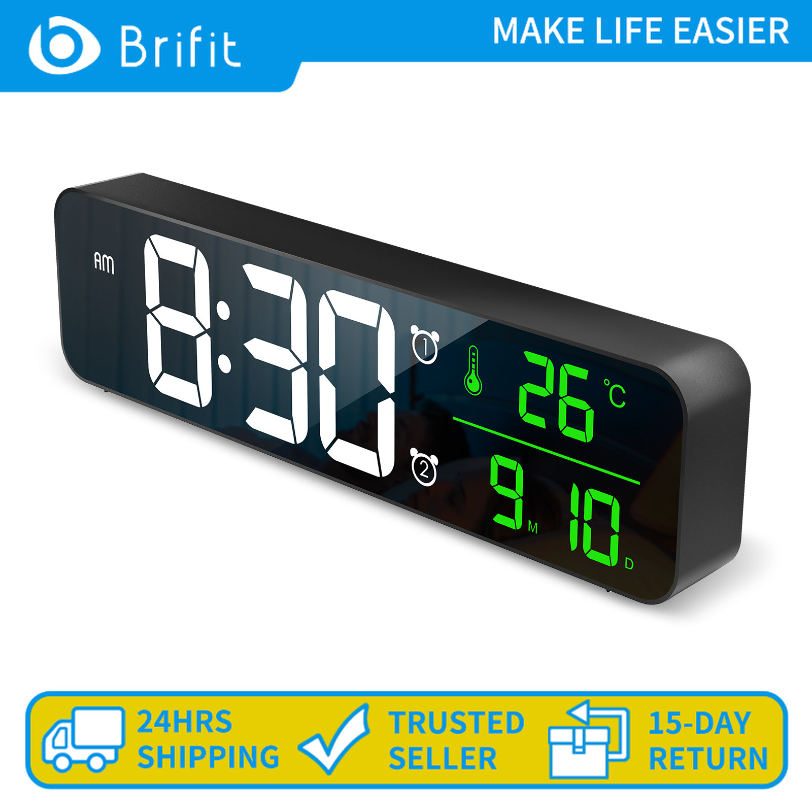 Brifit Đồng hồ kỹ thuật số 10,5 inch, Đồng hồ báo thức LED màn hình lớn