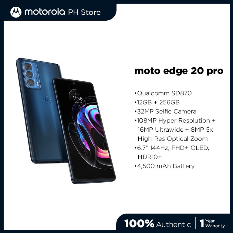motorola moto EDGE 20 Pro PANY0015PH / Snapdragon 870 / 6.7" OLED / HDR10+ DCI-P3, 10bit color, 1 billion shades / 108MP/32MP / 12GB+256GB / 4500Mah / Android 11 / 144hz