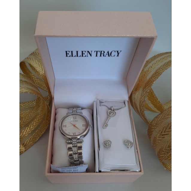 AUTHENTIC] Ellen Tracy Crystal Silver-tone Watch, Pave Pendant, and  Earrings & Heart Necklace Set
