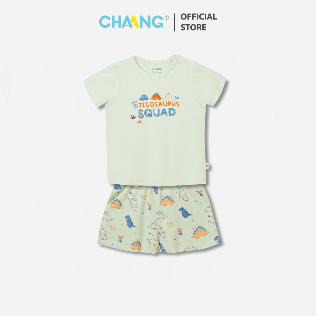 Bộ quần áo cộc cúc vai bé trai Dino xanh Chaang