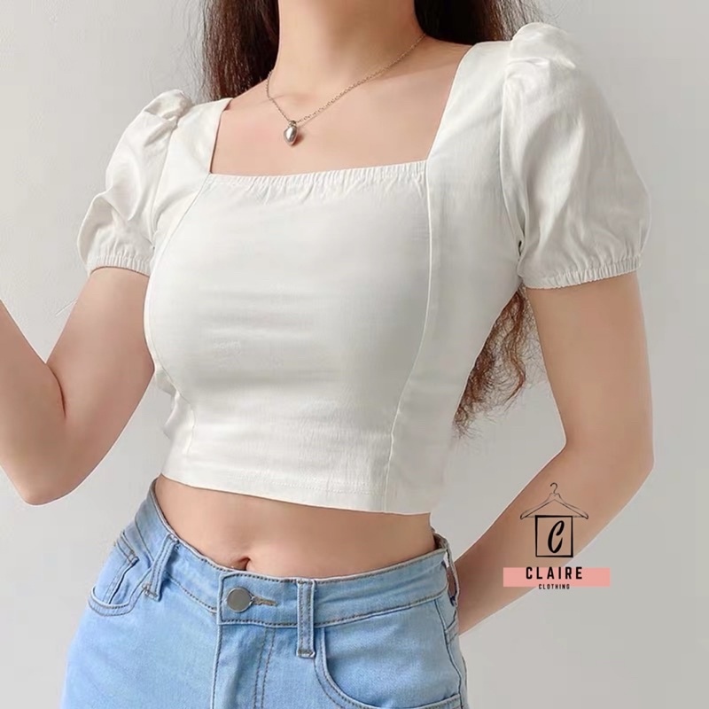 YANYAN Women Clothes Claire Puff Sleeve Square Neck Crop Top 11284