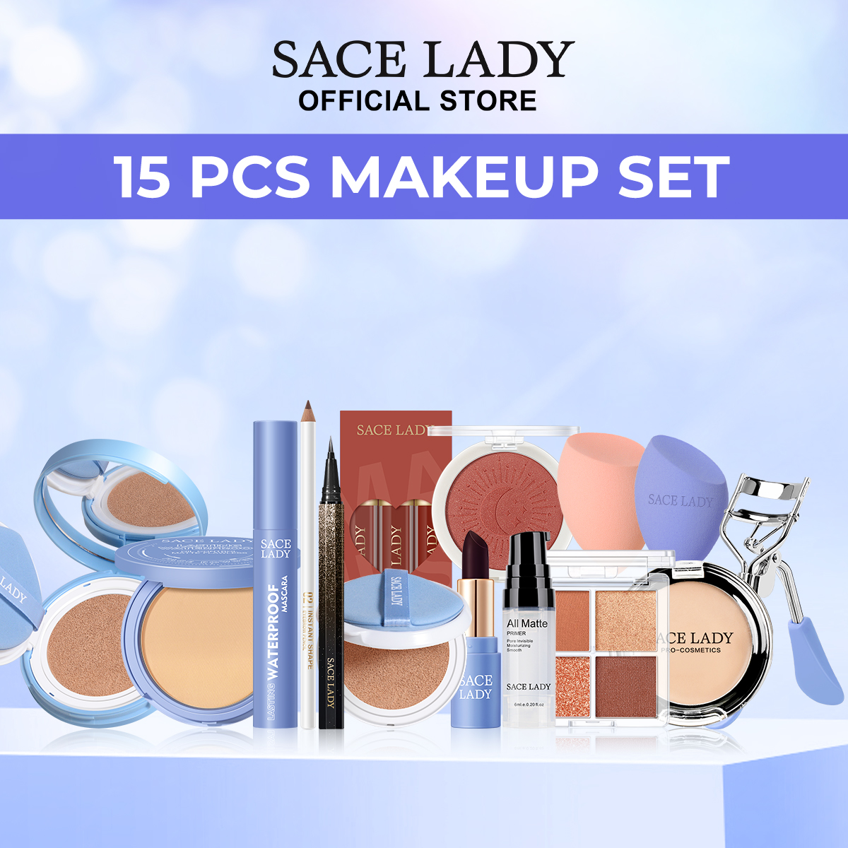 Discount on SACE LADY  shoes - SKU: SACE LADY 15Pcs Face Makeup Set Daily Make Up Face Powder BB Cushion Mascara Eyeliner Liptint Multip