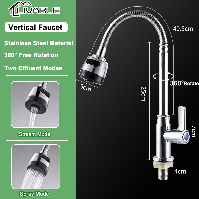 LIVABLE Kitchen Faucet Stainless 360° Rotate Flexible Cold Tap Sink Wall Mounted Faucet Two Effluent Modes Spout Sink Mop Laundry Sink Faucet - Image 3