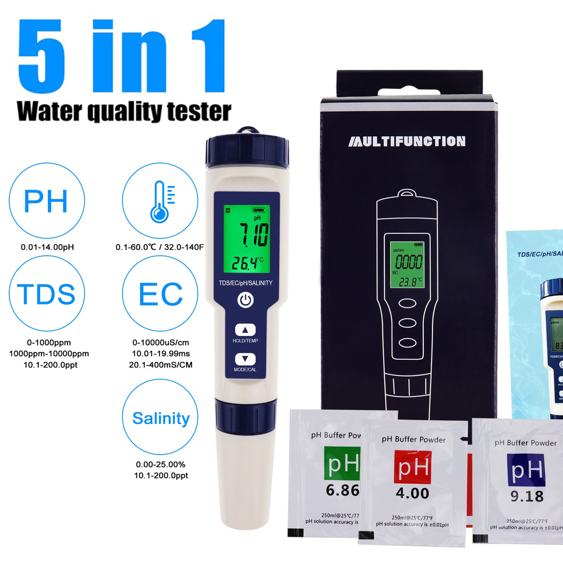 PH/TDS/EC/Salinity/Temperature 5-in-1 pH Meter with ATC 0.01 High Precision Water Quality pH Tester Digital, pH Measurement Range with 0-14, pH Meter for Water Household Drinking - Image 4