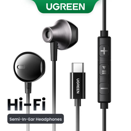 Ugreen 3.5mm Type C Semi-in-ear Wired Earphones Tpu 14.2MM Speaker Three-button Multi-function Wire Control Black