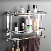 Stainless Steel Towel Rack with Hooks - 40cm Bathroom Organizer